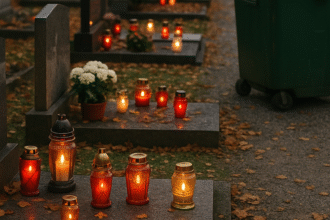 Nagrobne sveče na pokopališču in zabojnik za zbiranje odpadnih nagrobnih sveč v Sloveniji