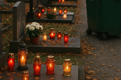 Nagrobne sveče na pokopališču in zabojnik za zbiranje odpadnih nagrobnih sveč v Sloveniji