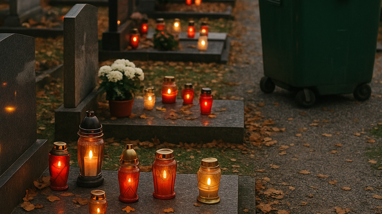 Nagrobne sveče na pokopališču in zabojnik za zbiranje odpadnih nagrobnih sveč v Sloveniji